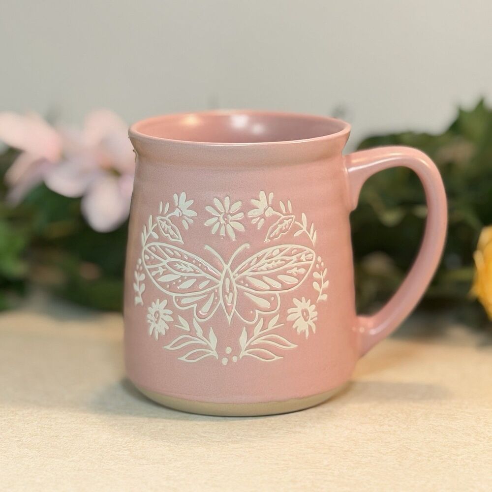 Butterfly Mug by Morning Meadow Pink White Embossed Floral Easter Spring 16oz